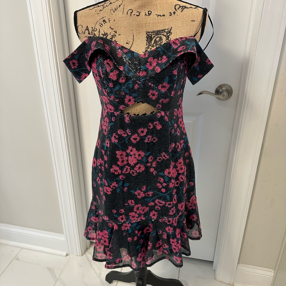 Wayf Black and Pink Sequin Floral Janet Mini Dress NWOT